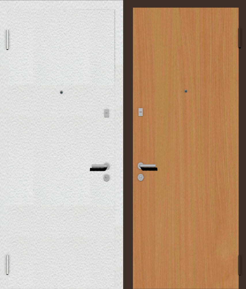 Дешевая входная дверь с отделкой порошковой краской РАЛ белый и ламинат бук бавария