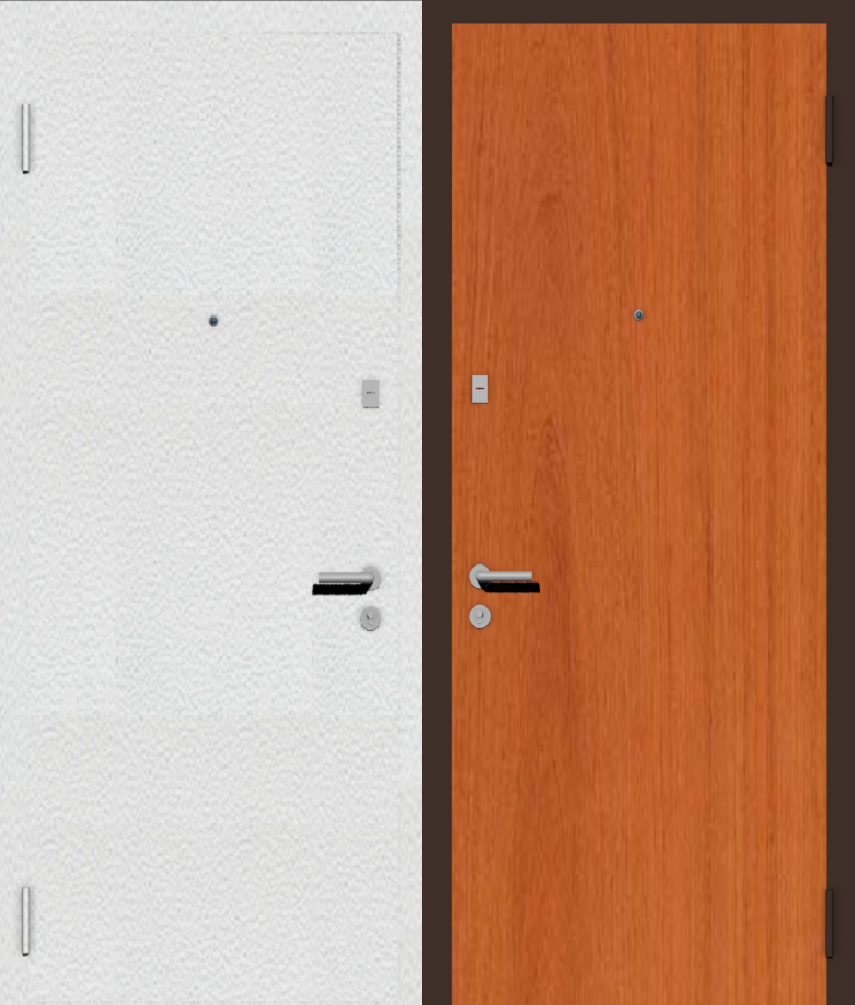 Дешевая входная дверь с отделкой порошковой краской РАЛ белый и ламинат вишня