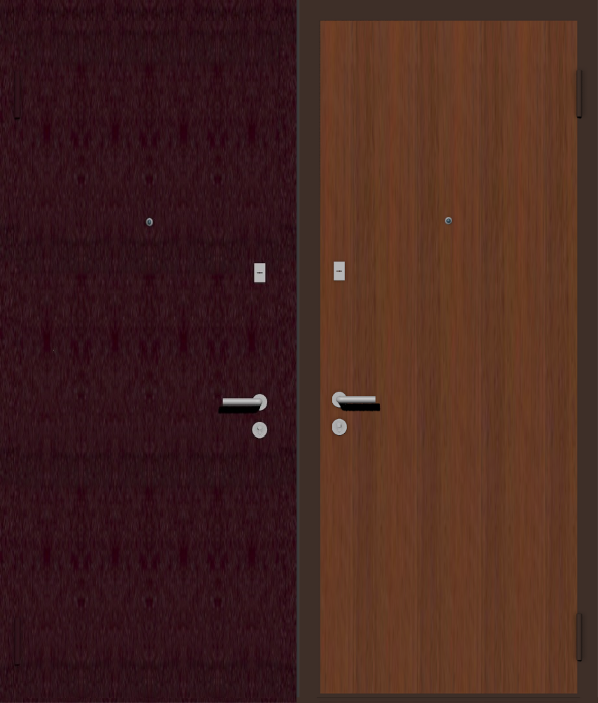 Дешевая входная дверь с отделкой порошковой краской РАЛ бордовый и ламинат орех гнилой