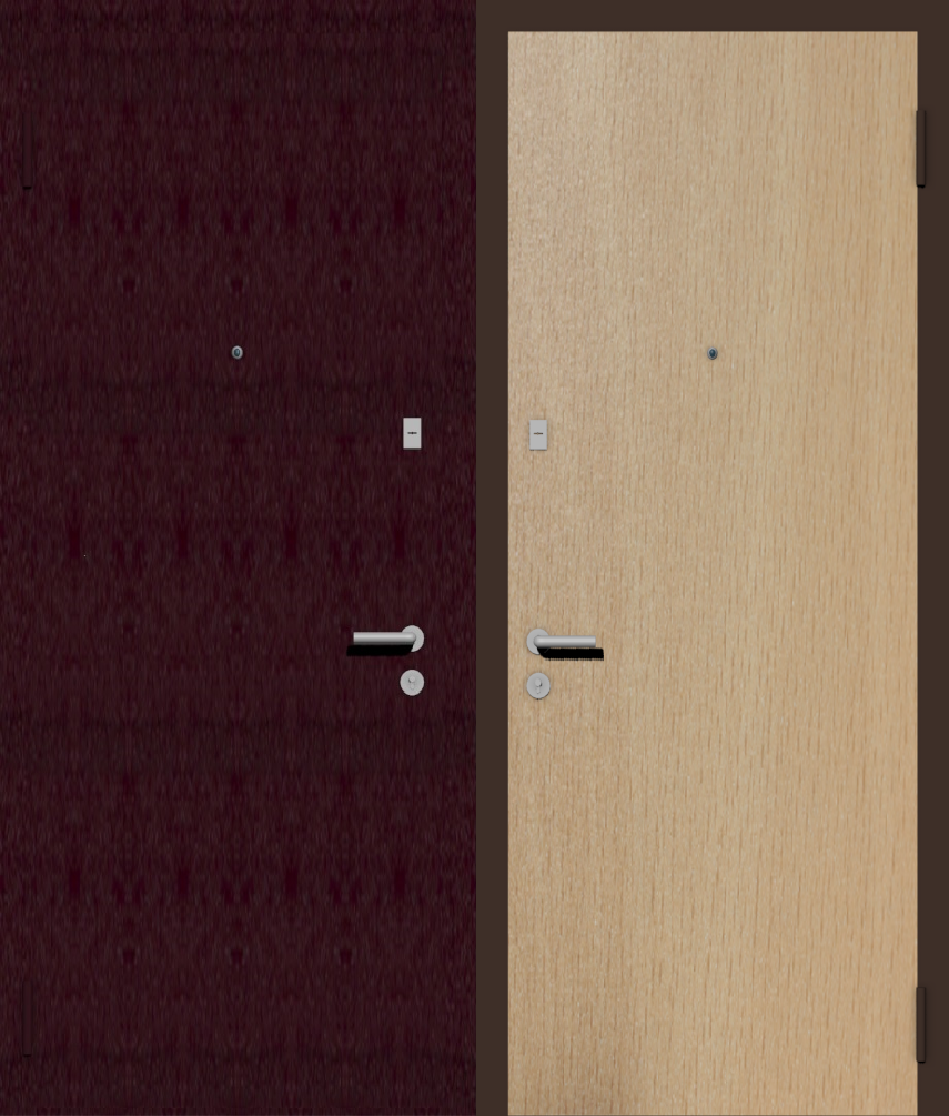 Дешевая входная дверь с отделкой порошковой краской РАЛ бордовый и ламинат бук 