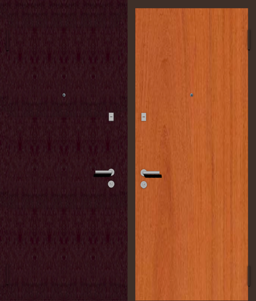 Дешевая входная дверь с отделкой порошковой краской РАЛ бордовый и ламинат вишня
