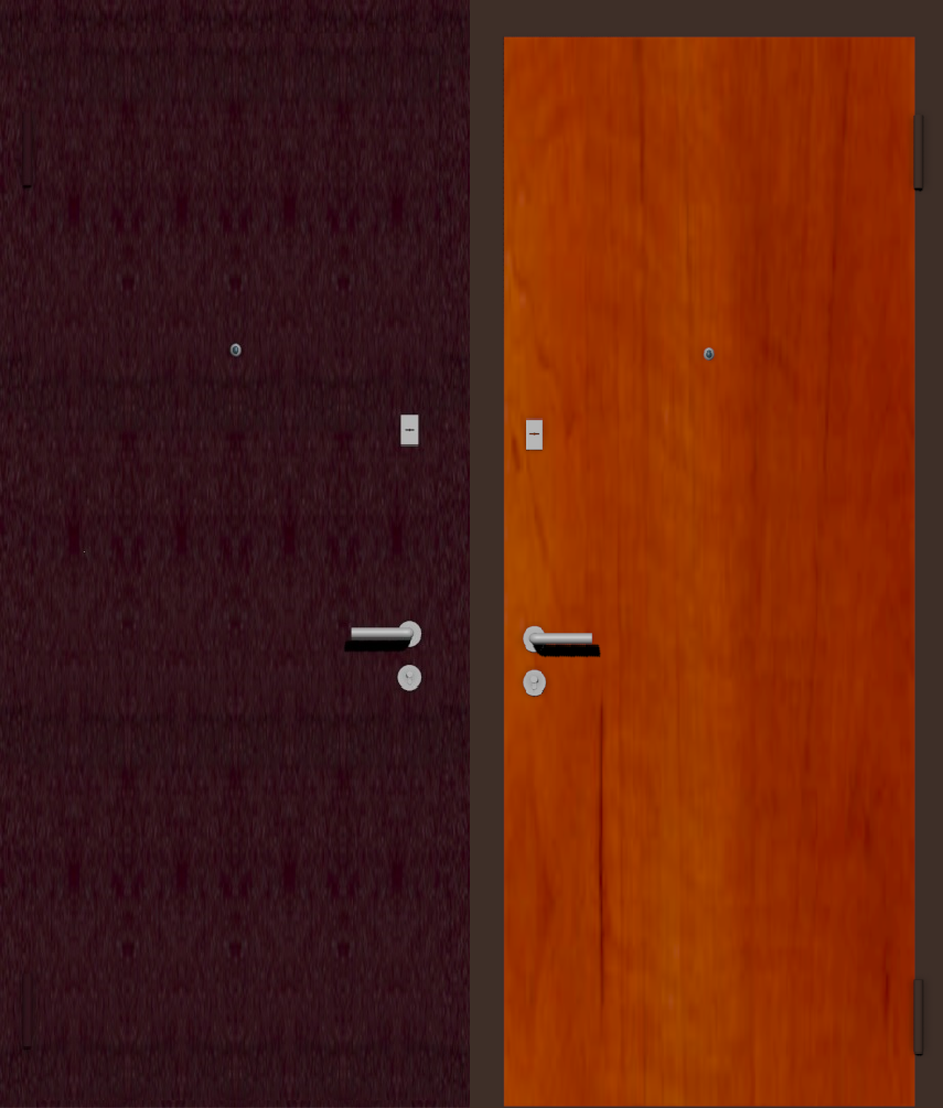 Дешевая входная дверь с отделкой порошковой краской РАЛ бордовый и ламинат груша