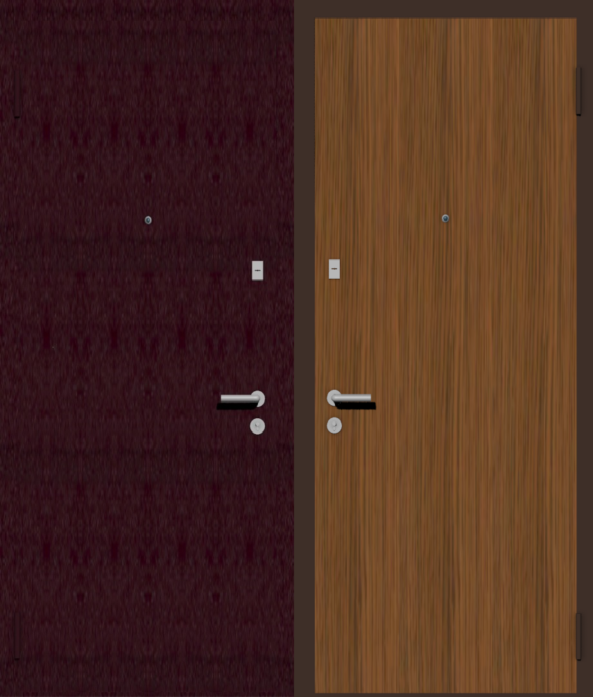 Дешевая входная дверь с отделкой порошковой краской РАЛ бордовый и ламинат дуб