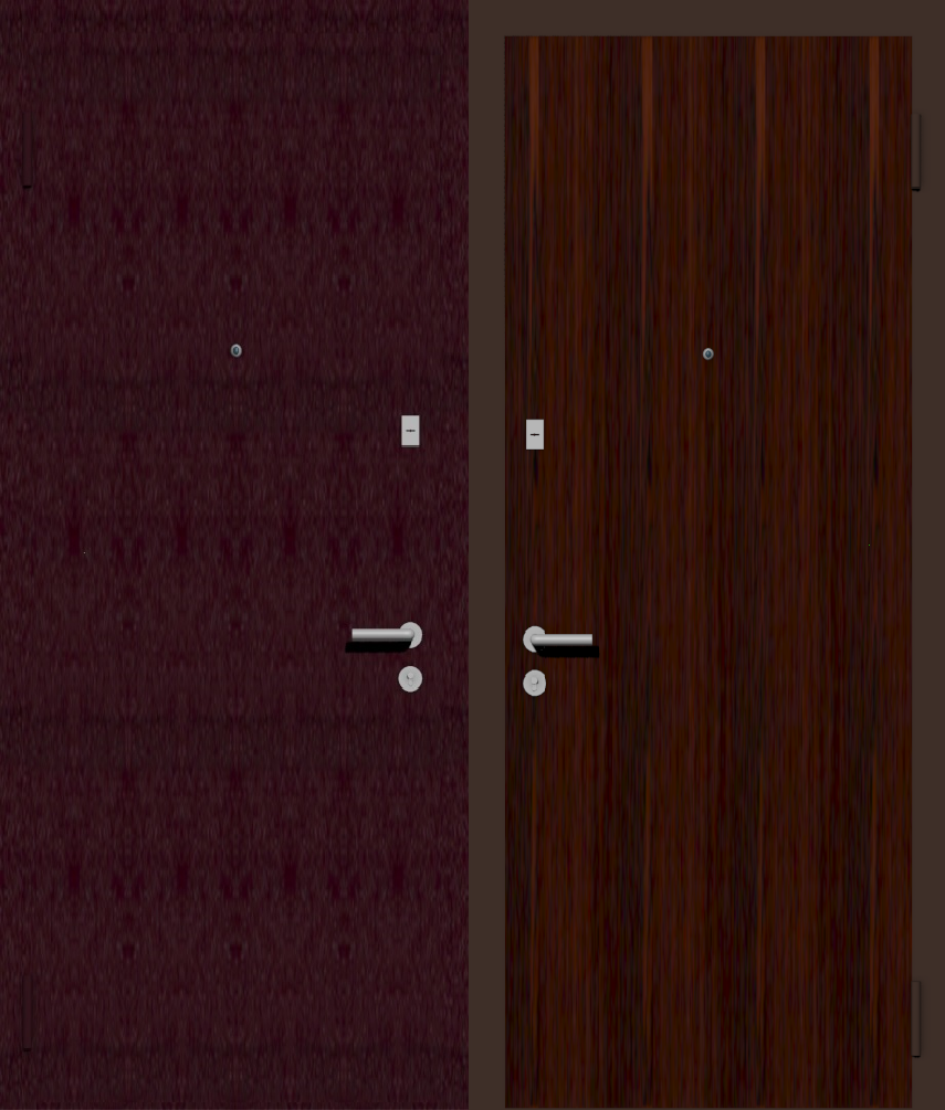 Дешевая входная дверь с отделкой порошковой краской РАЛ бордовый и ламинат махонь