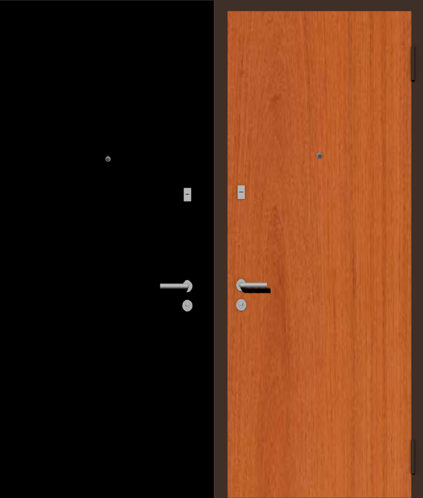Дешевая входная дверь с отделкой порошковой краской РАЛ черный и ламинат вишня