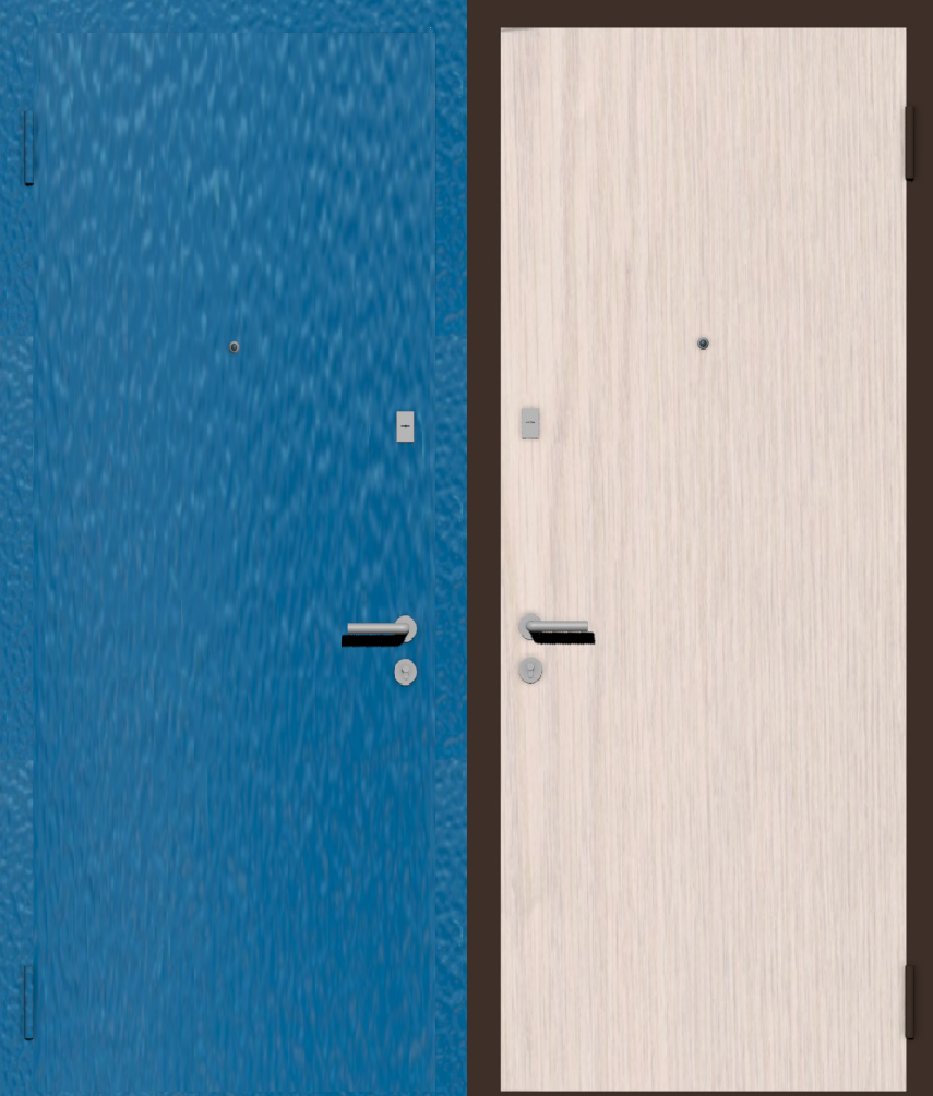 Дешевая входная дверь с отделкой порошковой краской РАЛ голубой и ламинат беленый дуб