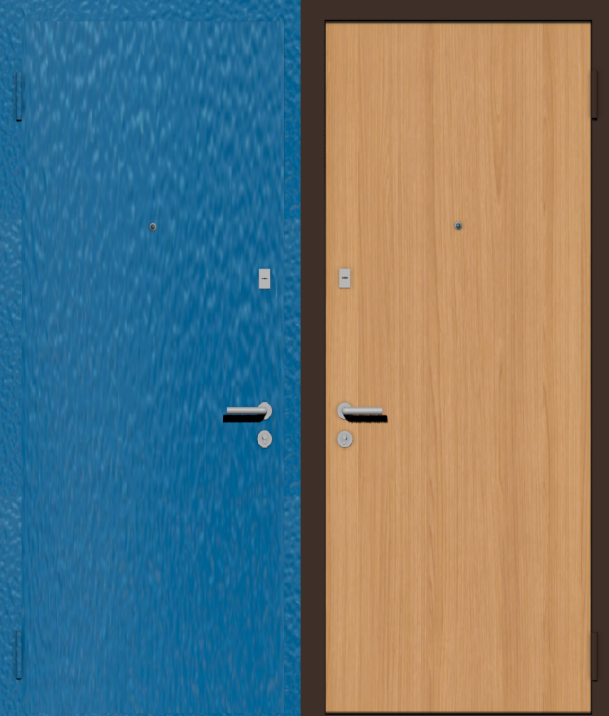 Дешевая входная дверь с отделкой порошковой краской РАЛ голубой и ламинат ольха