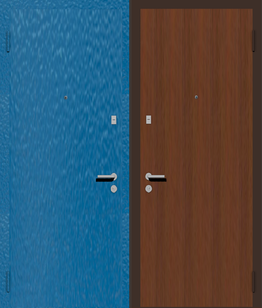 Дешевая входная дверь с отделкой порошковой краской РАЛ голубой и ламинат орех