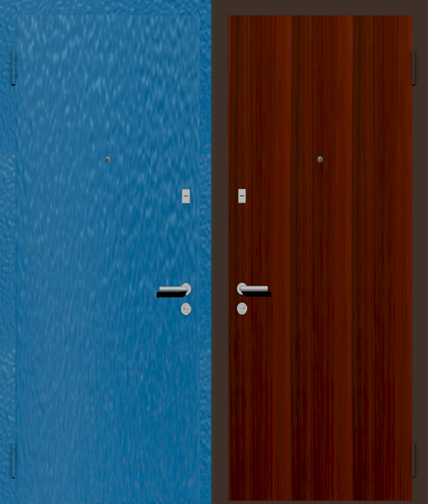 Дешевая входная дверь с отделкой порошковой краской РАЛ голубой и ламинат орех испанский