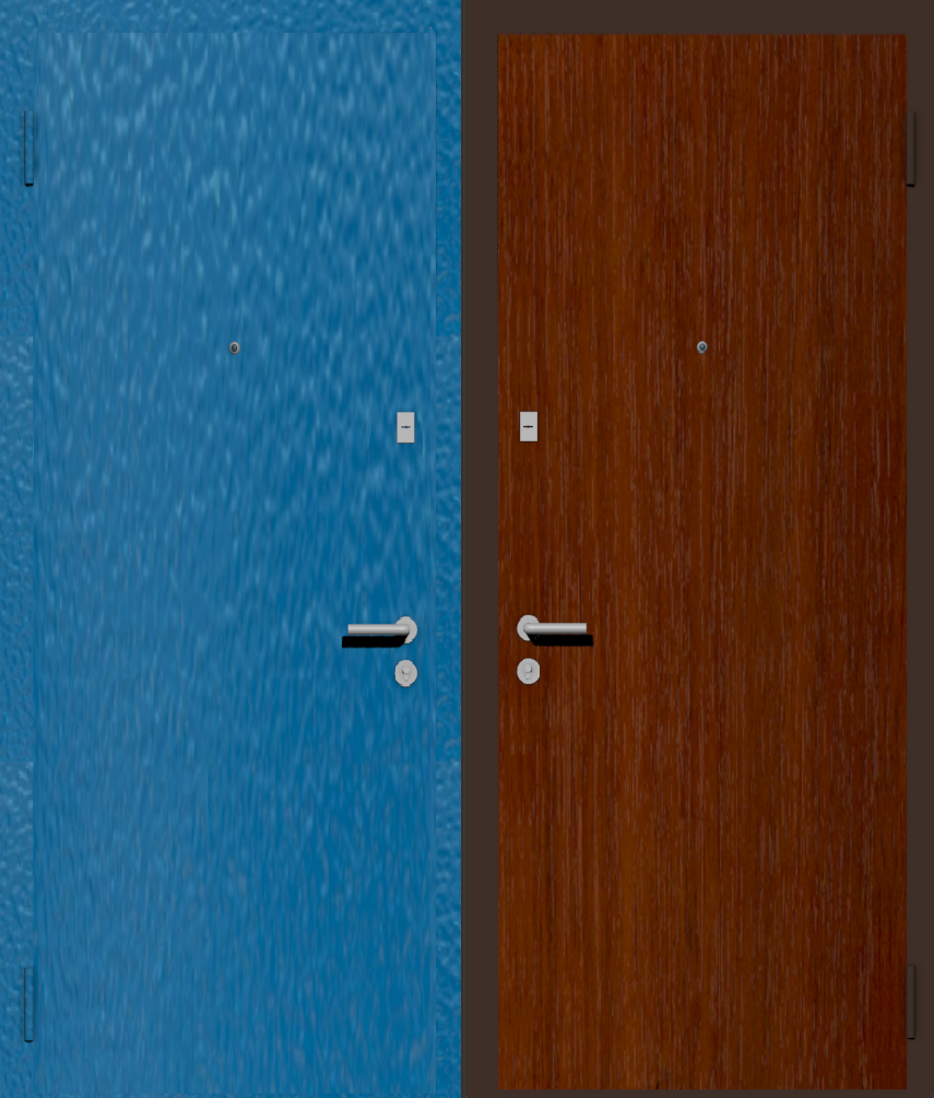 Дешевая входная дверь с отделкой порошковой краской РАЛ голубой и ламинат орех итальянский