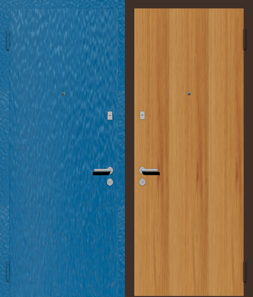 Дешевая входная дверь с отделкой порошковой краской РАЛ голубой и ламинат орех миланский