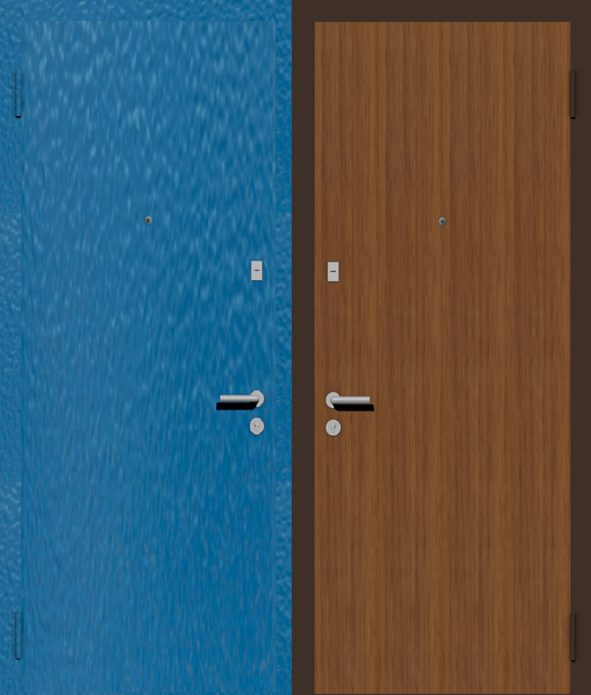 Дешевая входная дверь с отделкой порошковой краской РАЛ голубой и ламинат орех светлый