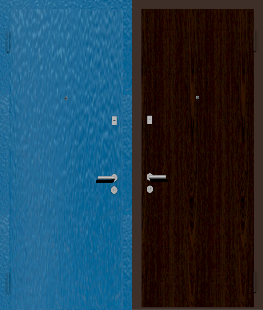 Дешевая входная дверь с отделкой порошковой краской РАЛ голубой и ламинат орех темный
