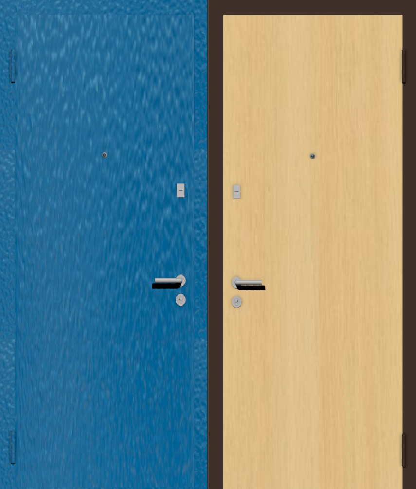 Дешевая входная дверь с отделкой порошковой краской РАЛ голубой и ламинат береза