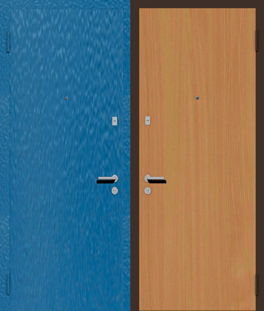 Дешевая входная дверь с отделкой порошковой краской РАЛ голубой и ламинат бук бавария