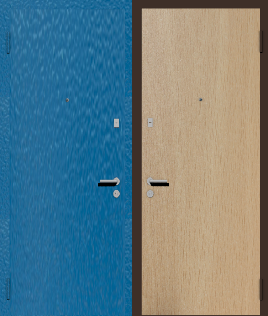 Дешевая входная дверь с отделкой порошковой краской РАЛ голубой и ламинат бук