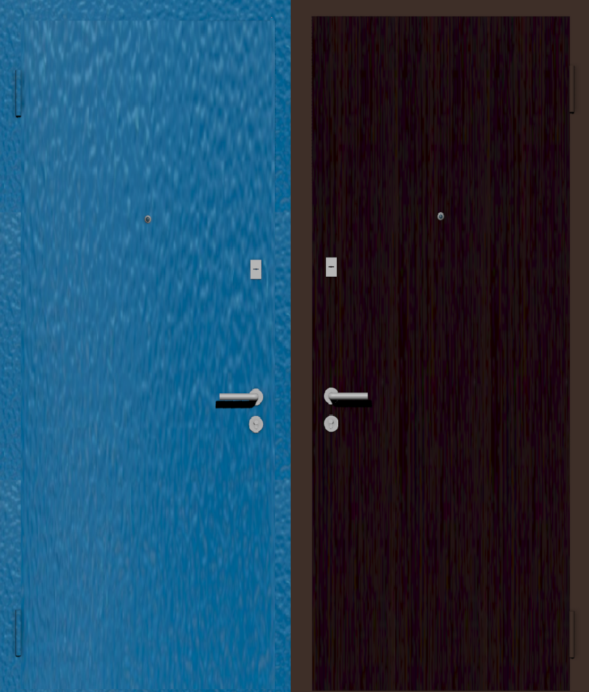 Дешевая входная дверь с отделкой порошковой краской РАЛ голубой и ламинат венге