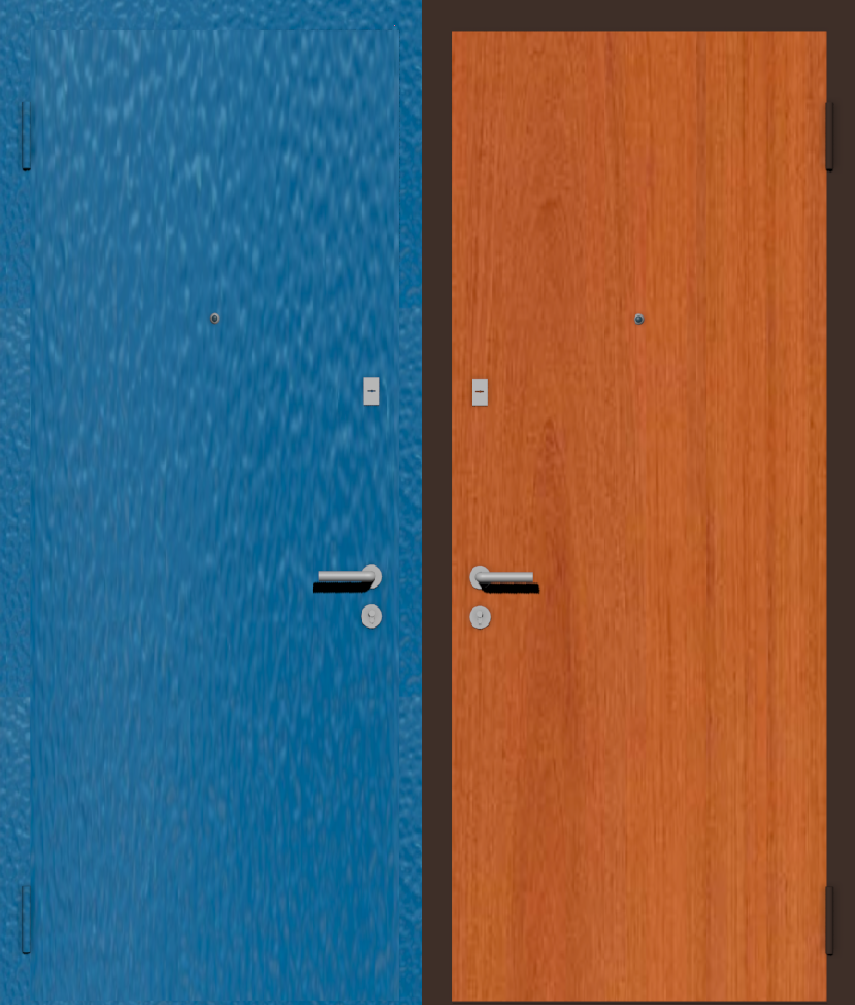 Дешевая входная дверь с отделкой порошковой краской РАЛ голубой и ламинат вишня