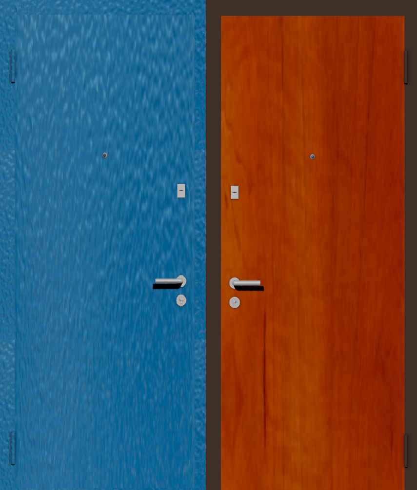 Дешевая входная дверь с отделкой порошковой краской РАЛ голубой и ламинат груша