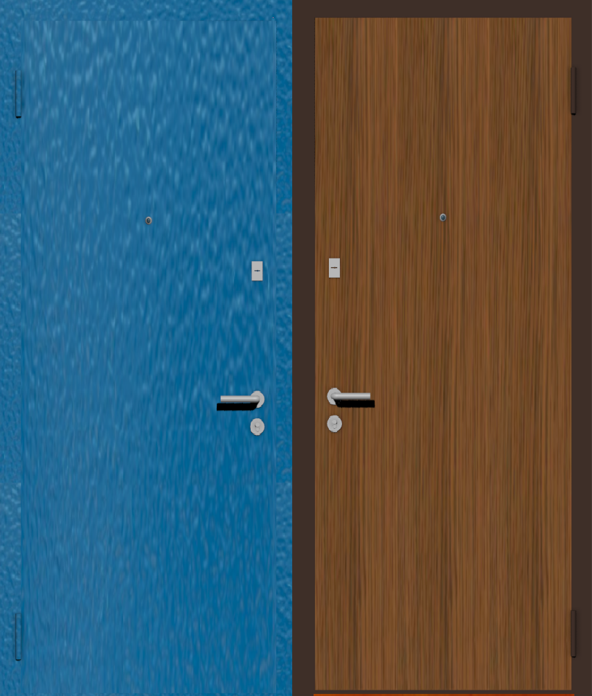 Дешевая входная дверь с отделкой порошковой краской РАЛ голубой и ламинат дуб рустикаль