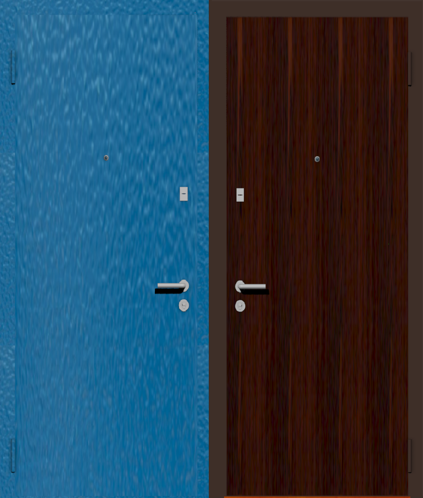 Дешевая входная дверь с отделкой порошковой краской РАЛ голубой и ламинат махонь