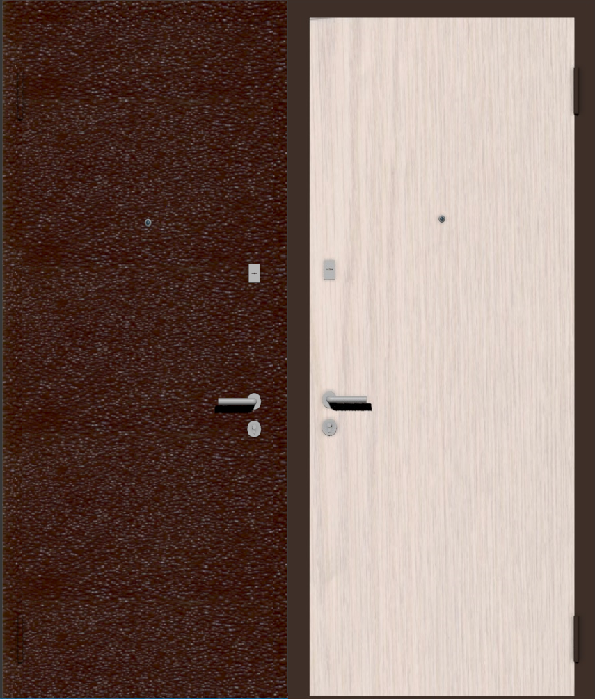 Дешевая входная дверь с отделкой порошковой краской РАЛ коричневый и ламинат беленый дуб