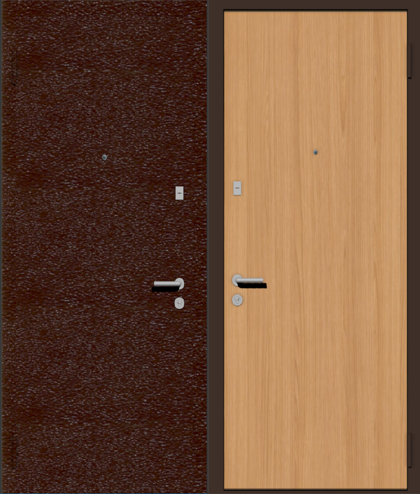 Дешевая входная дверь с отделкой порошковой краской РАЛ коричневый и ламинат ольха