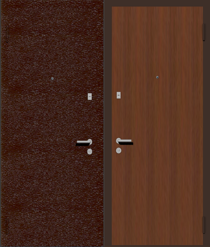 Дешевая входная дверь с отделкой порошковой краской РАЛ коричневый и ламинат орех