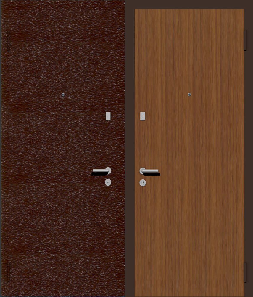 Дешевая входная дверь с отделкой порошковой краской РАЛ коричневый и ламинат орех светлый