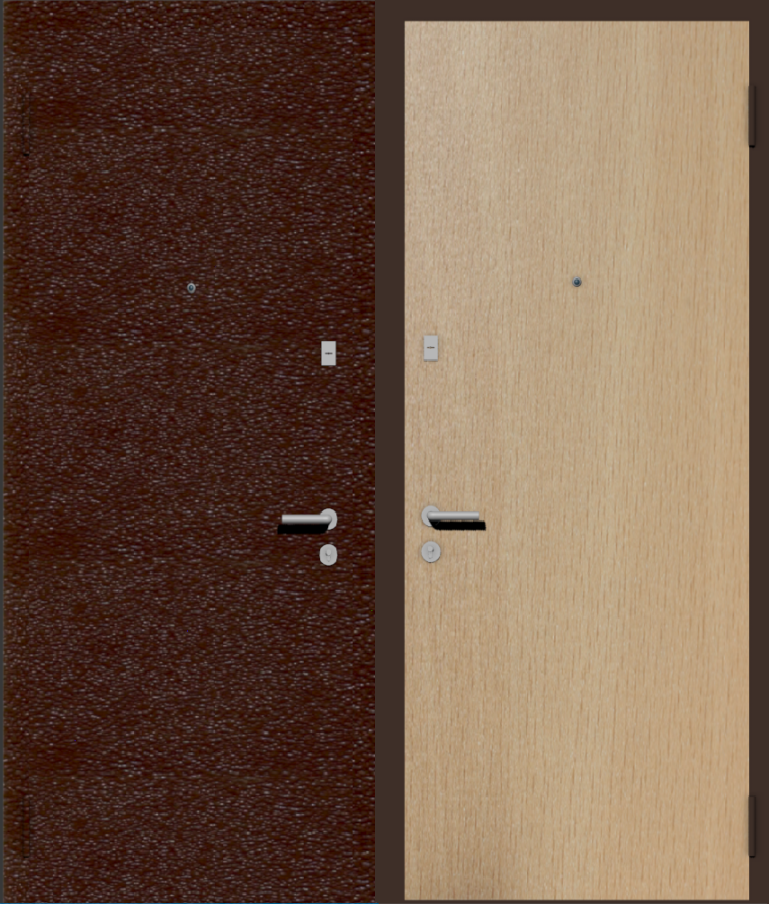 Дешевая входная дверь с отделкой порошковой краской РАЛ коричневый и ламинат бук