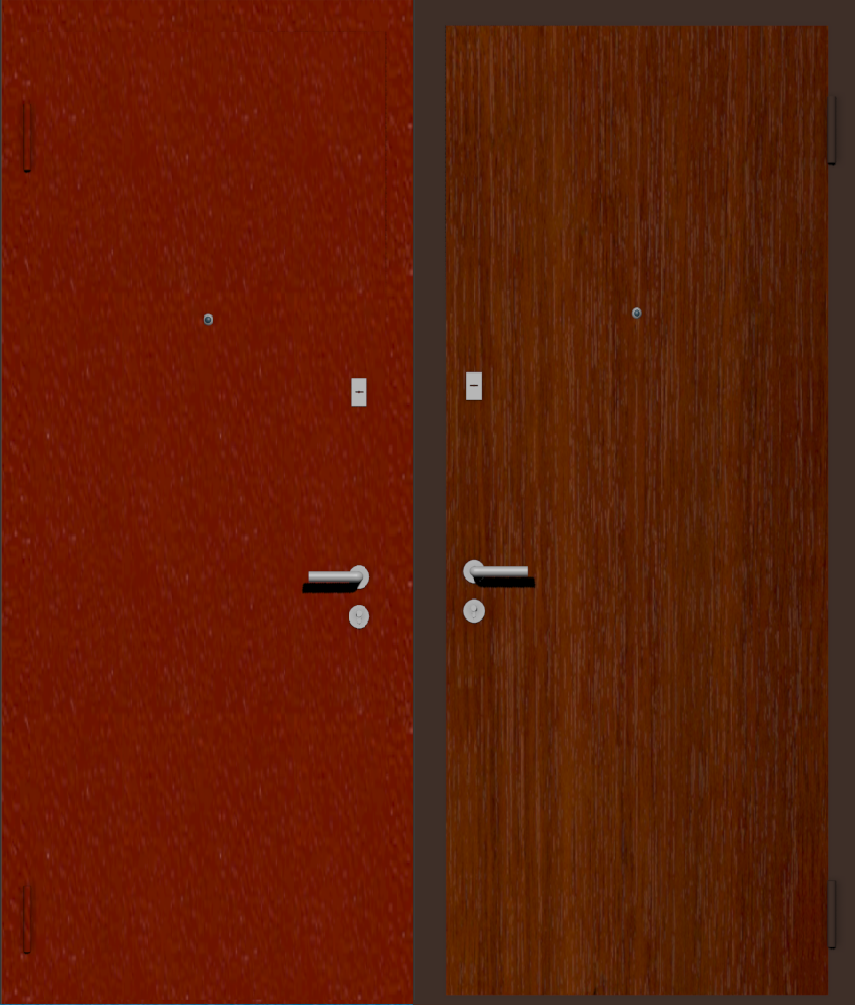 Дешевая входная дверь с отделкой порошковой краской РАЛ красный и ламинат орех итальянский