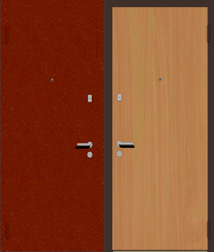 Дешевая входная дверь с отделкой порошковой краской РАЛ красный и ламинат бук бавария