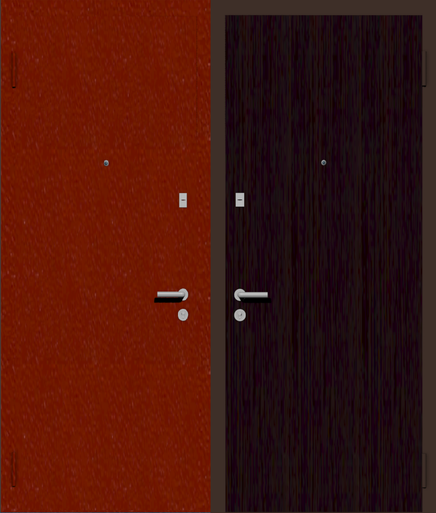 Дешевая входная дверь с отделкой порошковой краской РАЛ красный и ламинат венге