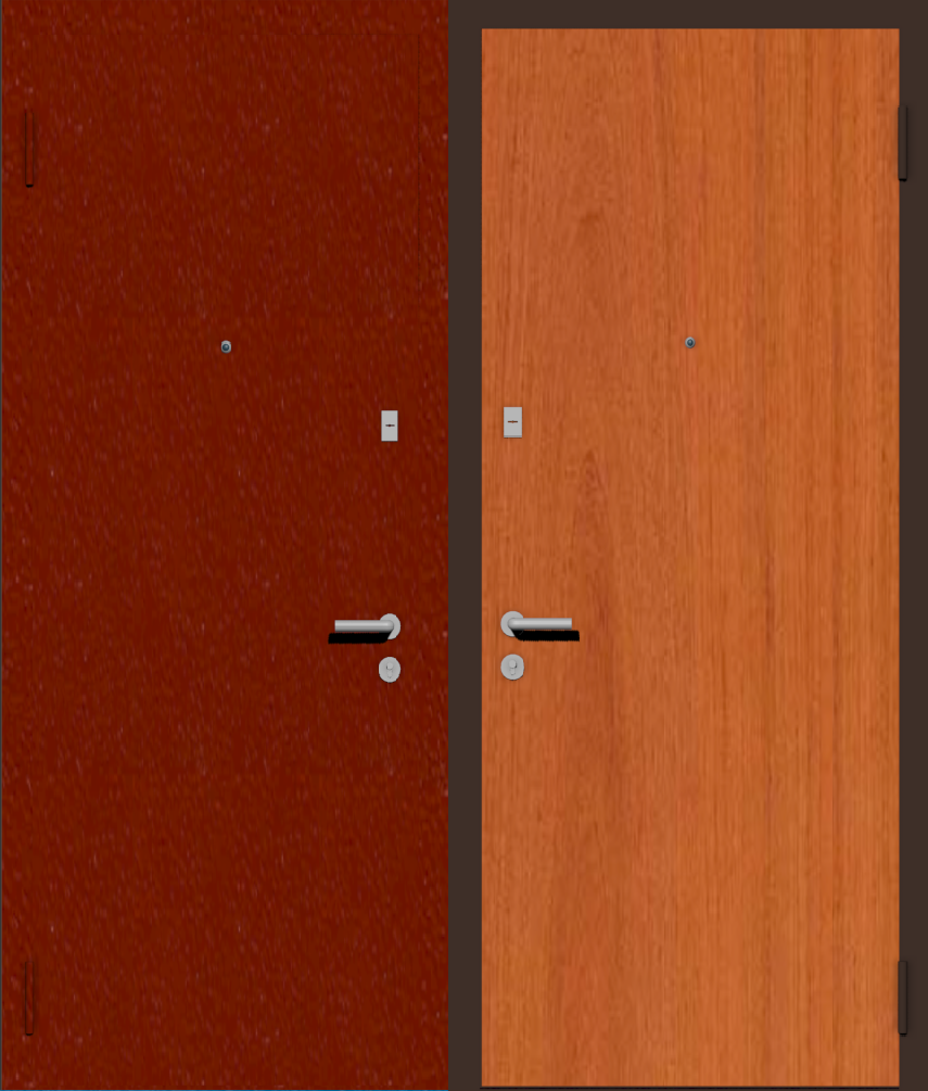 Дешевая входная дверь с отделкой порошковой краской РАЛ красный и ламинат вишня