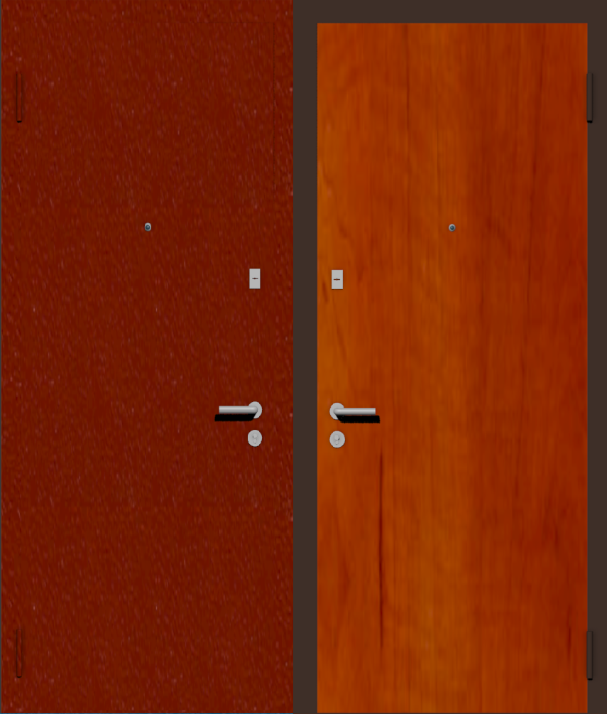 Дешевая входная дверь с отделкой порошковой краской РАЛ красный и ламинат груша