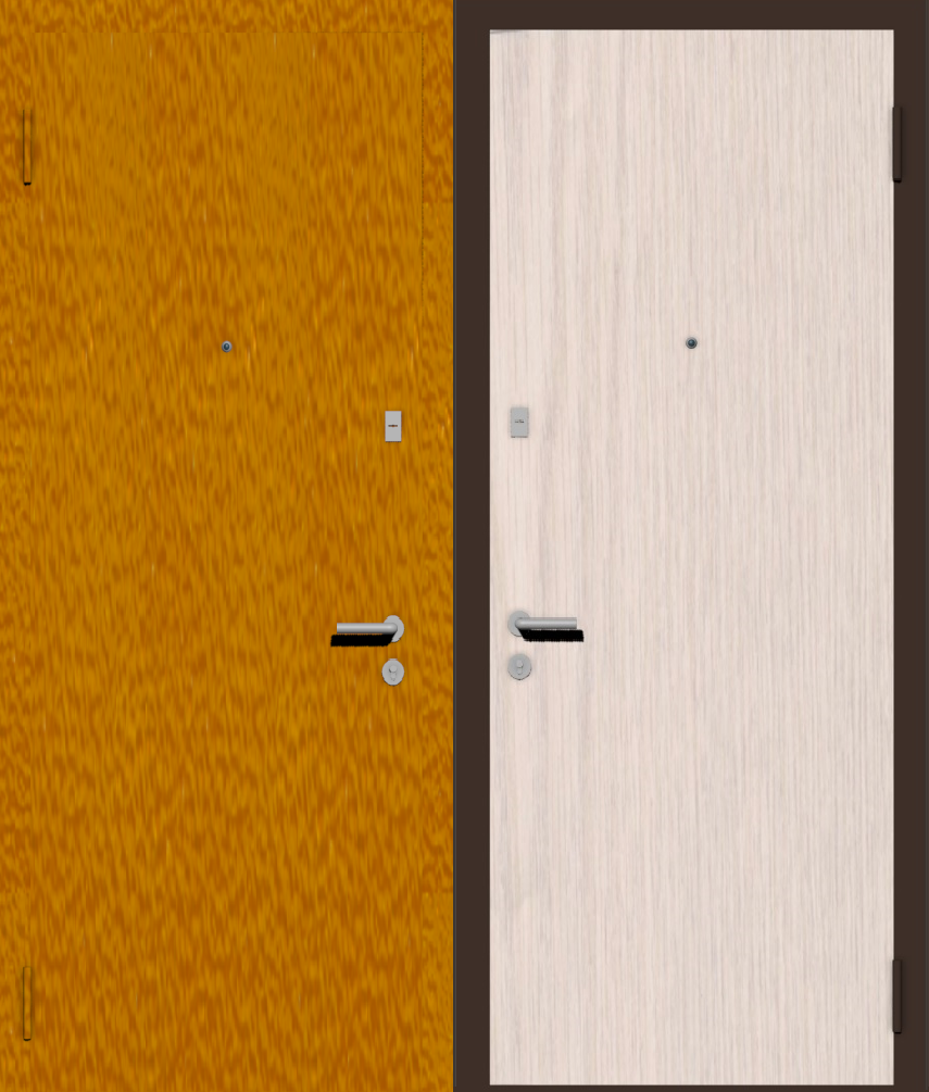 Дешевая входная дверь с отделкой порошковой краской РАЛ оранжевый и ламинат дуб беленый