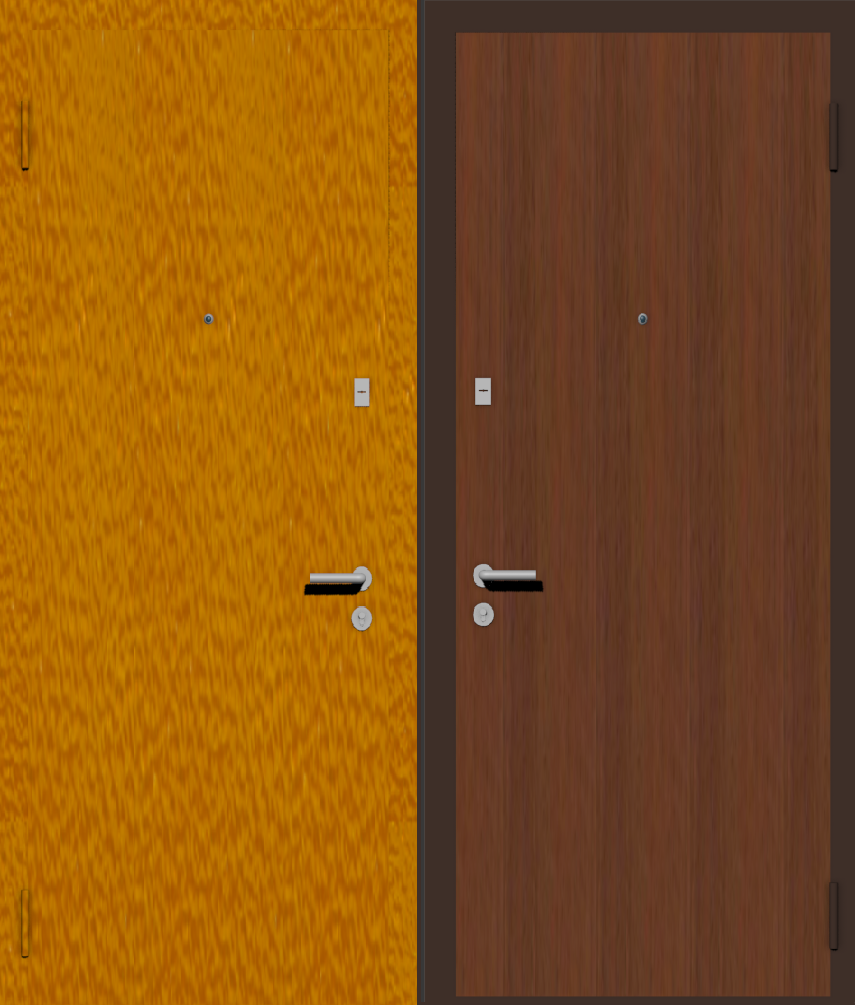 Дешевая входная дверь с отделкой порошковой краской РАЛ оранжевый и ламинат орех