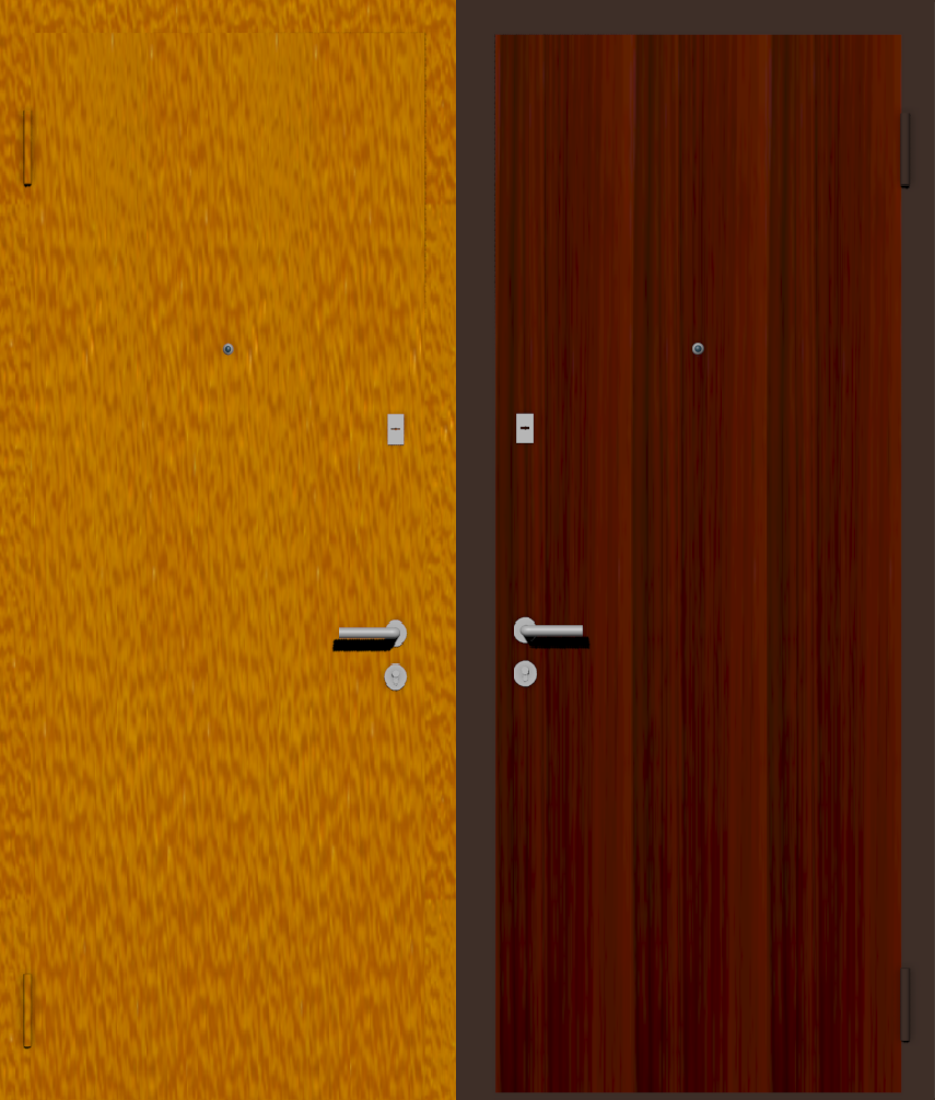 Дешевая входная дверь с отделкой порошковой краской РАЛ оранжевый и ламинат орех испанский