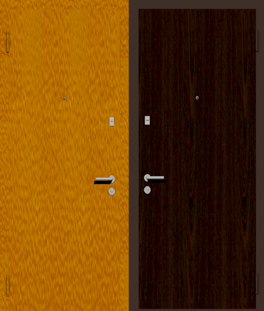 Дешевая входная дверь с отделкой порошковой краской РАЛ оранжевый и ламинат орех темный