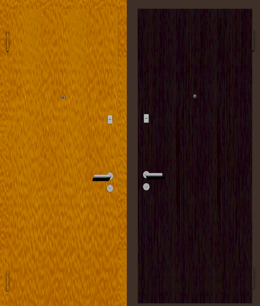Дешевая входная дверь с отделкой порошковой краской РАЛ оранжевый и ламинат венге