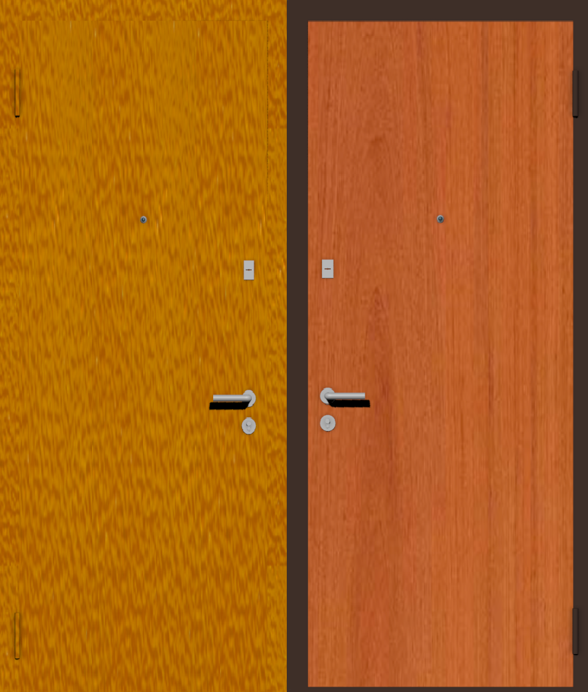 Дешевая входная дверь с отделкой порошковой краской РАЛ оранжевый и ламинат вишня