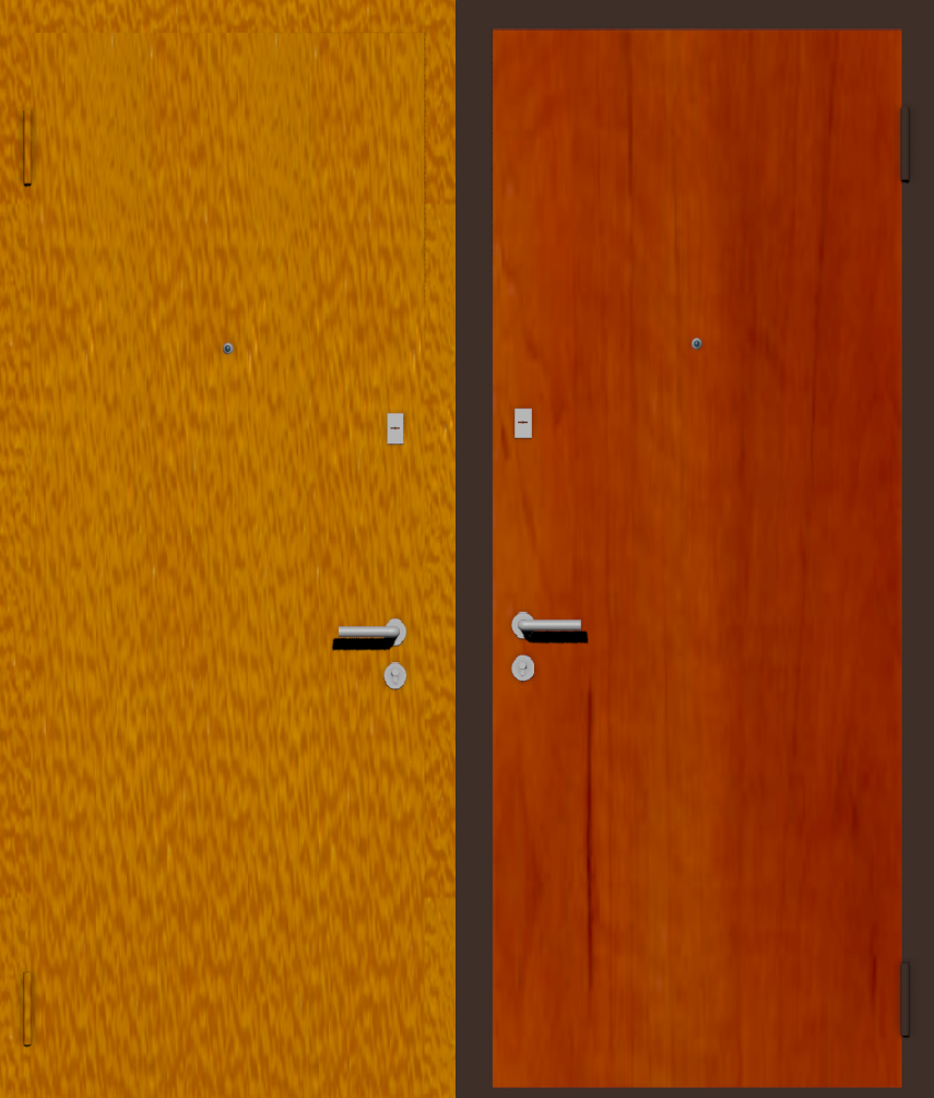 Дешевая входная дверь с отделкой порошковой краской РАЛ оранжевый и ламинат груша
