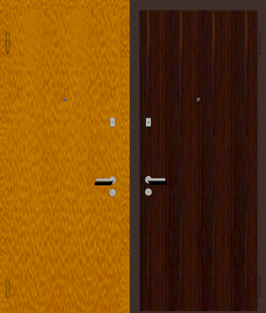 Дешевая входная дверь с отделкой порошковой краской РАЛ оранжевый и ламинат махонь