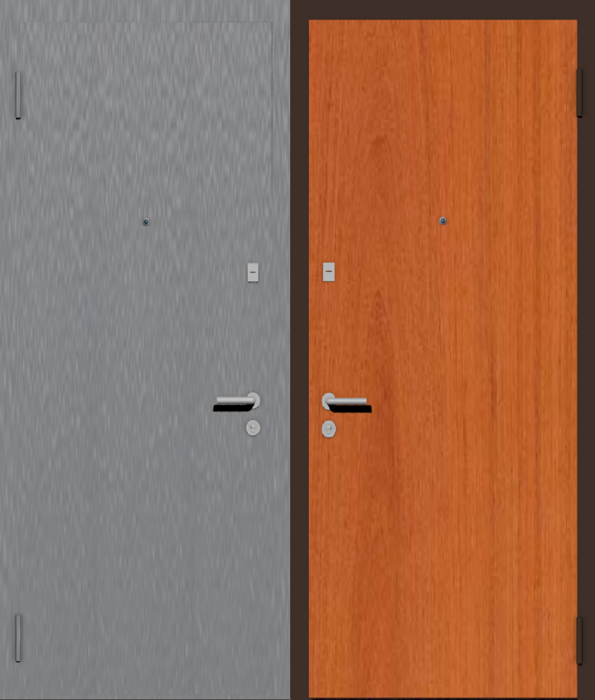 Дешевая входная дверь с отделкой порошковой краской РАЛ серый и ламинат вишня