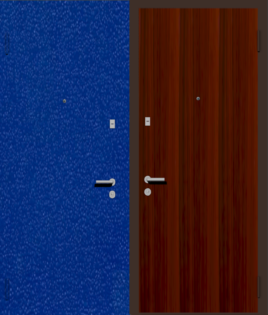 Дешевая входная дверь с отделкой порошковой краской РАЛ синий и ламинат орех испанский