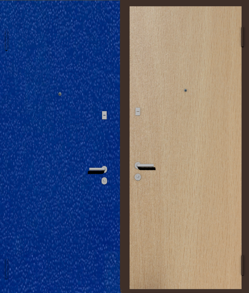 Дешевая входная дверь с отделкой порошковой краской РАЛ синий и ламинат бук