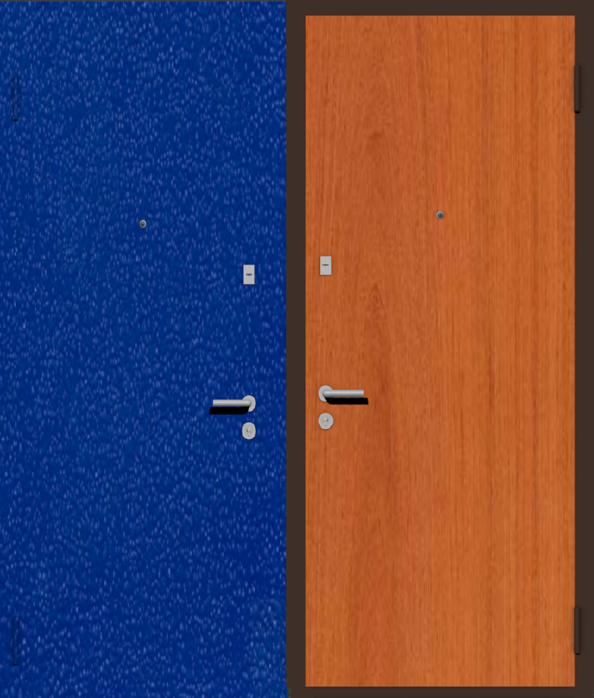 Дешевая входная дверь с отделкой порошковой краской РАЛ синий и ламинат вишня