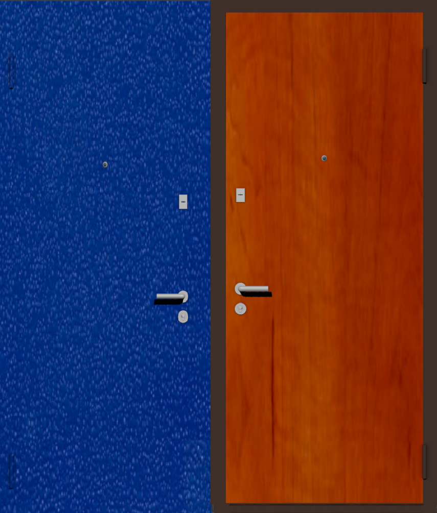 Дешевая входная дверь с отделкой порошковой краской РАЛ синий и ламинат груша