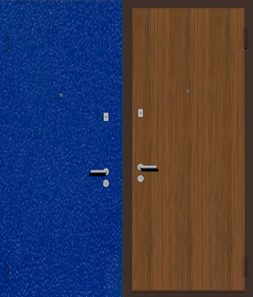 Дешевая входная дверь с отделкой порошковой краской РАЛ синий и ламинат дуб рустикаль