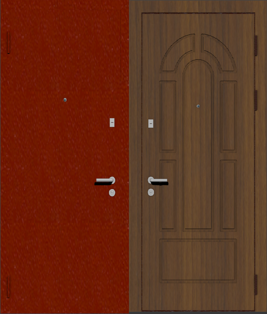 Дверь металлическая входная с отделкой порошковое напыление РАЛ красный и МДФ ПВХ с фрезеровкой A10, орех